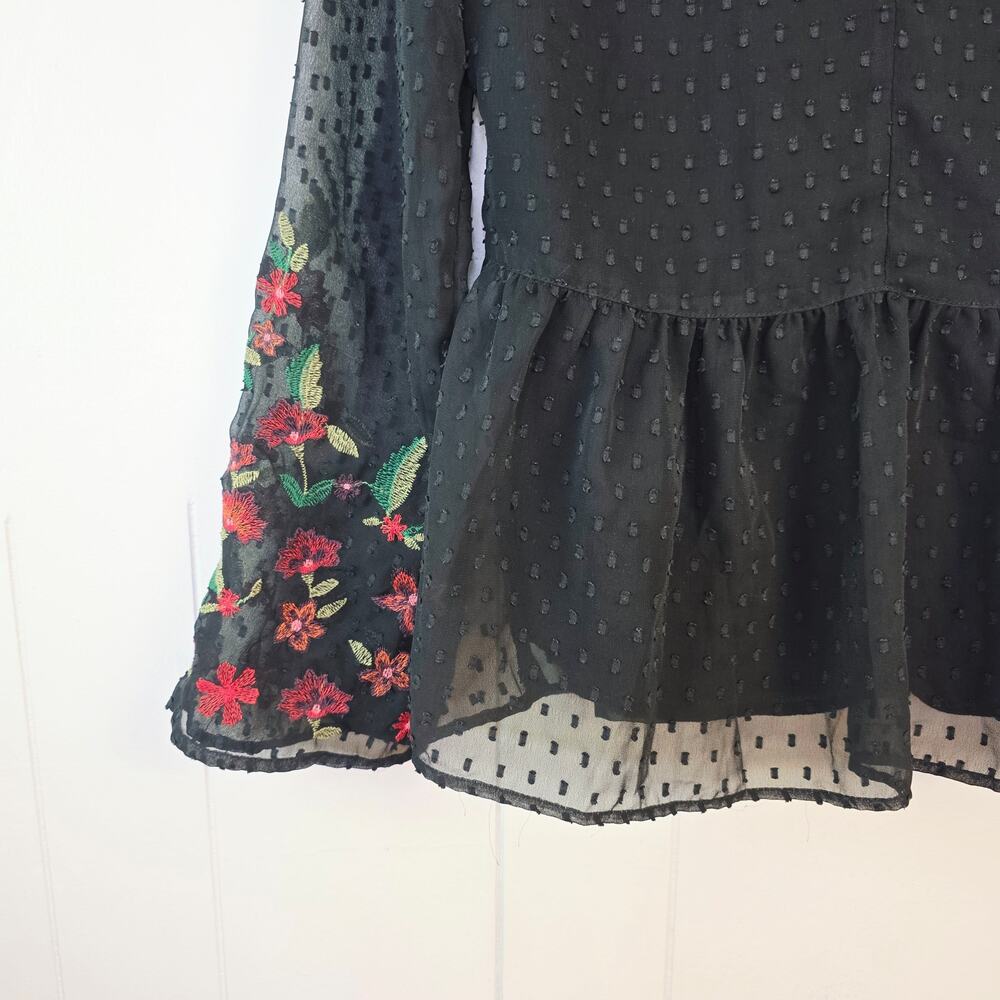American Eagle Outfitters Blouse Small Black Floral Embroidered Boho Peplum - Picture 6 of 12